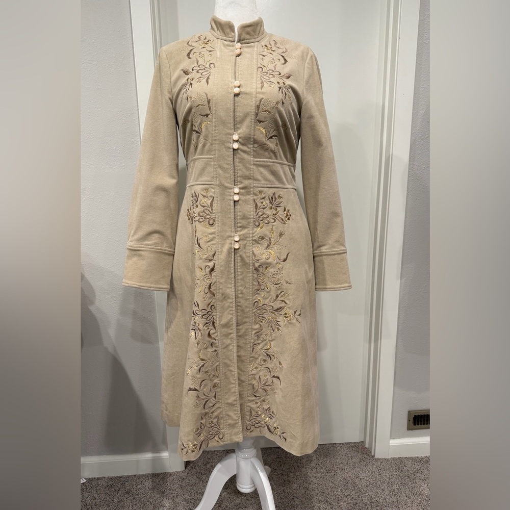 Anthropologie Elevenses Embroidered Coat 8 Tan Velvet Corduroy Vintage Romantic - Picture 5 of 17